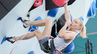 Aug 8, 2024; Le Bourget, France; Janja Garnbret of Team Slovenia competes in lead climbing during the Paris 2024 Olympic Summer Games at Le Bourget Sport Climbing Venue. Mandatory Credit: Jack Gruber-Imagn Images