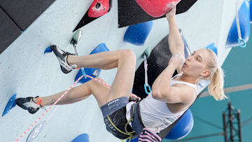 Aug 8, 2024; Le Bourget, France; Janja Garnbret of Team Slovenia competes in lead climbing during the Paris 2024 Olympic Summer Games at Le Bourget Sport Climbing Venue. Mandatory Credit: Jack Gruber-Imagn Images