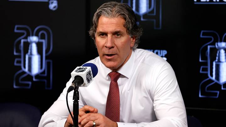 Apr 30, 2024; Winnipeg, Manitoba, CAN; Colorado Avalanche head coach Jared Bednar talks to media after their victory over the Winnipeg Jets in game five of the first round of the 2024 Stanley Cup Playoffs at Canada Life Centre. Mandatory Credit: James Carey Lauder-USA TODAY Sports