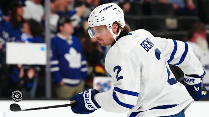 Mar 5, 2025; Las Vegas, Nevada, USA; Toronto Maple Leafs defenseman Simon Benoit (2) warms up before a game against the Vegas Golden Knights at T-Mobile Arena. Mandatory Credit: Stephen R. Sylvanie-Imagn Images