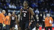 Dec 8, 2024; Newark, New Jersey, USA;  Oklahoma State Cowboys guard Arturo Dean (2) celebrates in the first half against the Seton Hall Pirates at Prudential Center. Mandatory Credit: Wendell Cruz-Imagn Images