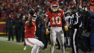 Jan 21, 2023; Kansas City, Missouri, USA; Kansas City Chiefs wide receiver JuJu Smith-Schuster (9) reacts after a catch against the Jacksonville Jaguars during the second half in the AFC divisional round game at GEHA Field at Arrowhead Stadium. Mandatory Credit: Denny Medley-USA TODAY Sports