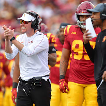 Nov 30, 2024; Los Angeles, California, USA; Southern California Trojans head coach Lincoln Riley watches game action against the Notre Dame Fighting Irish during the first half at the Los Angeles Memorial Coliseum. Mandatory Credit: Gary A. Vasquez-Imagn Images