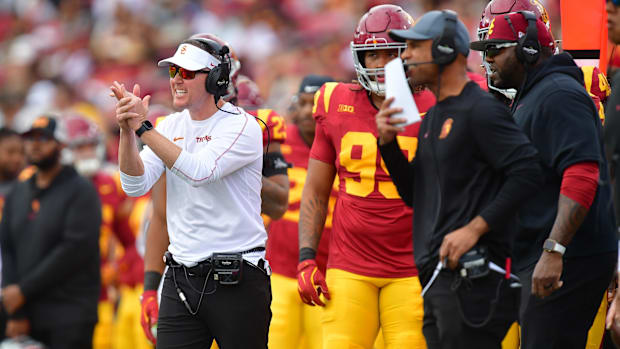 Nov 30, 2024; Los Angeles, California, USA; Southern California Trojans head coach Lincoln Riley watches game action against 
