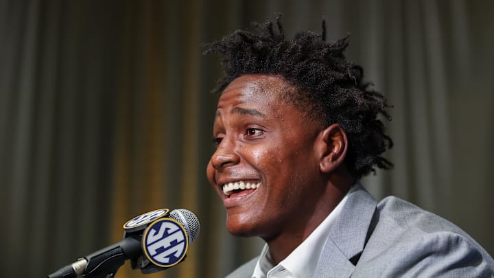 Jul 17, 2025; Atlanta, GA, USA; Missouri Tigers defensive end Zion Young talks to the media during the SEC Media Days at Omni Atlanta Hotel. Mandatory Credit: Jordan Godfree-Imagn Images
