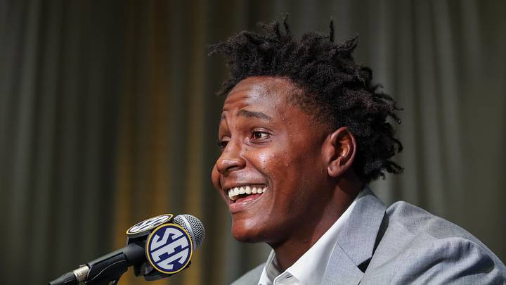 Jul 17, 2025; Atlanta, GA, USA; Missouri Tigers defensive end Zion Young talks to the media during the SEC Media Days at Omni Atlanta Hotel. Mandatory Credit: Jordan Godfree-Imagn Images