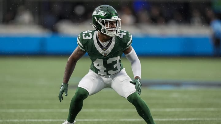 Aug 17, 2024; Charlotte, North Carolina, USA; New York Jets cornerback Brandon Codrington (43) during the first quarter against the Carolina Panthers at Bank of America Stadium.  