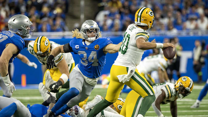 Detroit Lions linebacker Alex Anzalone (34) pressures Green Bay Packers quarterback Jordan Love (10) during their Thanksgiving game last year.