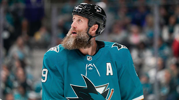 San Jose Sharks center Joe Thornton looks up at the big screen during the first period against the Dallas Stars.