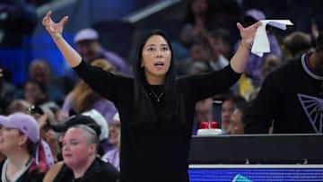 Sep 6, 2025; San Francisco, California, USA;  Golden State Valkyries head coach Natalie Nakase signals to her team in the second quarter against the Minnesota Lynx at Chase Center. Mandatory Credit: David Gonzales-Imagn Images