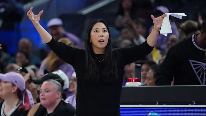 Sep 6, 2025; San Francisco, California, USA;  Golden State Valkyries head coach Natalie Nakase signals to her team in the second quarter against the Minnesota Lynx at Chase Center. Mandatory Credit: David Gonzales-Imagn Images
