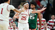 Indiana Hoosiers forward Race Thompson (25) reacts after a play against the Miami (Fl) Hurricanes during the second half at MVP Arena.