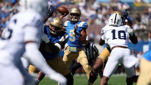 UCLA Bruins quarterback Nico Iamaleava (9) looks to pass during the first quarter against the Penn State Nittany Lions.