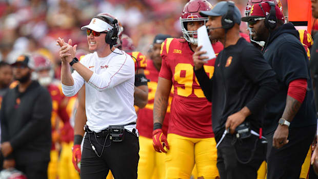 Nov 30, 2024; Los Angeles, California, USA; Southern California Trojans head coach Lincoln Riley watches game action against 