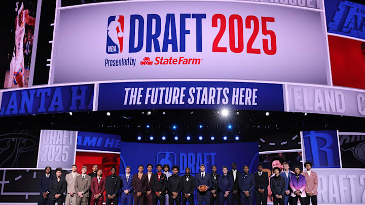 Jun 25, 2025; Brooklyn, NY, USA; 2025 NBA Draft class poses for a group photo before the first round at Barclays Center. Mandatory Credit: Brad Penner-Imagn Images