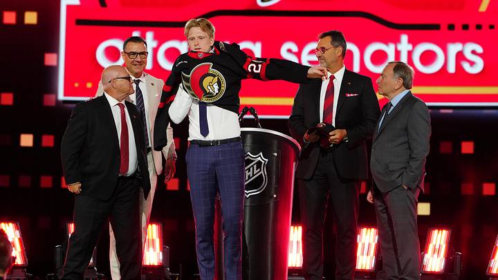 Jun 28, 2024; Las Vegas, Nevada, USA; Carter Yakemchuk is selected by the Ottawa Senators with the 7th overall pick in the first round of the 2024 NHL Draft at The Sphere. Mandatory Credit: Stephen R. Sylvanie-Imagn Images