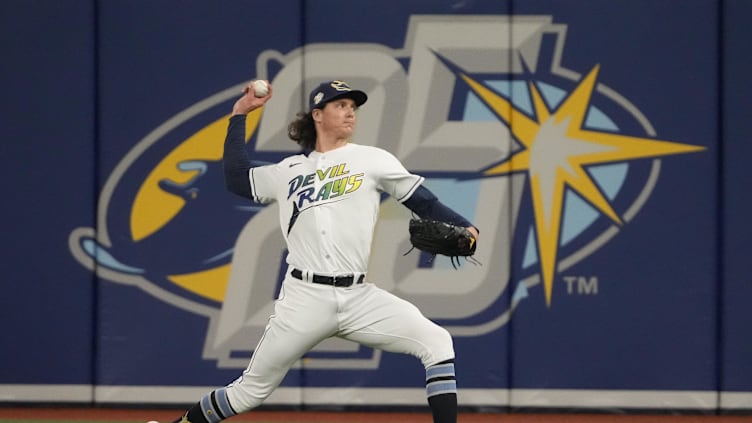 Jul 7, 2023; St. Petersburg, Florida, USA; Tampa Bay Rays starting pitcher Tyler Glasnow (20) warms