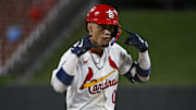 Aug 28, 2024; St. Louis, Missouri, USA;  St. Louis Cardinals shortstop Masyn Winn (0) reacts after hitting a single against the San Diego Padres during the ninth inning at Busch Stadium. Mandatory Credit: Jeff Curry-Imagn Images