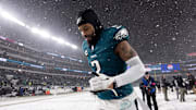 Jan 19, 2025; Philadelphia, Pennsylvania, USA; Philadelphia Eagles cornerback Darius Slay Jr. (2) runs off the field after a victory against the Los Angeles Rams in a 2025 NFC divisional round game at Lincoln Financial Field. Mandatory Credit: Bill Streicher-Imagn Images