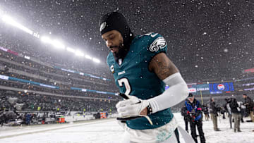 Jan 19, 2025; Philadelphia, Pennsylvania, USA; Philadelphia Eagles cornerback Darius Slay Jr. (2) runs off the field after a victory against the Los Angeles Rams in a 2025 NFC divisional round game at Lincoln Financial Field. Mandatory Credit: Bill Streicher-Imagn Images