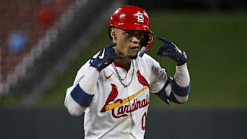 Aug 28, 2024; St. Louis, Missouri, USA;  St. Louis Cardinals shortstop Masyn Winn (0) reacts after hitting a single against the San Diego Padres during the ninth inning at Busch Stadium. Mandatory Credit: Jeff Curry-Imagn Images