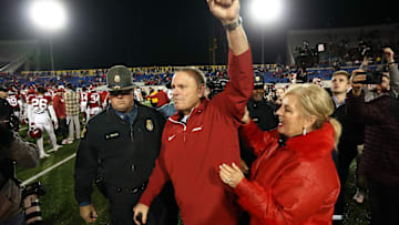 Dec 27, 2024; Memphis, TN, USA; Arkansas Razorbacks head coach Sam Pittman reacts after defeating the Texas Tech Red Raiders at Simmons Bank Liberty Stadium. Mandatory Credit: Petre Thomas-Imagn Images