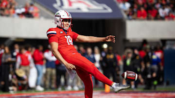 Oct 19, 2024; Tucson, Arizona, USA; Arizona Wildcats punter Michael Salgado-Medina (19) against the Colorado Buffalos at Arizona Stadium. Mandatory Credit: Mark J. Rebilas-Imagn Images