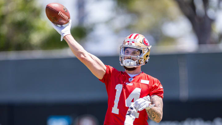 May 10, 2024; Santa Clara, CA, USA; San Francisco 49ers wide receiver Ricky Pearsall (14) runs drills during the 49ers rookie minicamp at Levi’s Stadium in Santa Clara, CA. Mandatory Credit: Robert Kupbens-USA TODAY Sports