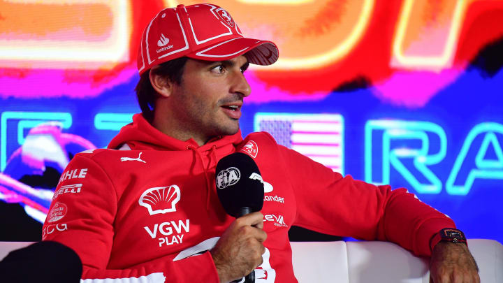 Nov 15, 2023; Las Vegas, Nevada, USA; Scuderia Ferrari driver Carlos Sainz Jr. of Spain speaks during media availabilities at Las Vegas Strip Circuit. Mandatory Credit: Gary A. Vasquez-USA TODAY Sports