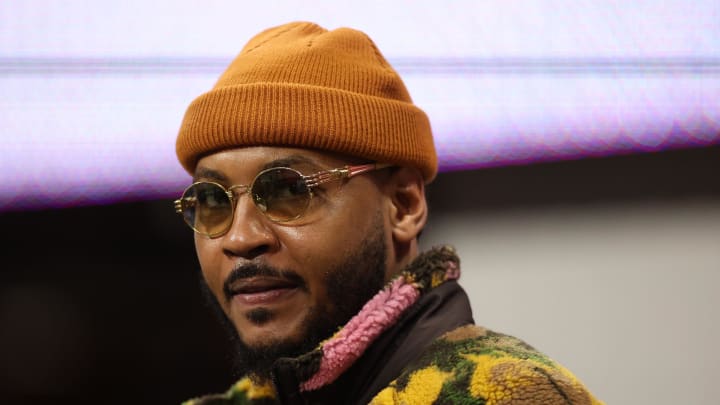 Dec 2, 2023; Atlanta, GA, USA; Former NBA player, Carmelo Anthony before the SEC Championship game at Mercedes-Benz Stadium. Mandatory Credit: Brett Davis-USA TODAY Sports