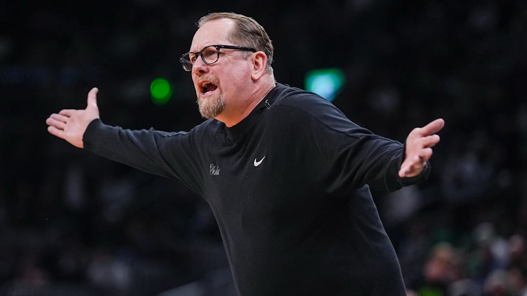 Apr 28, 2026; Boston, Massachusetts, USA; Philadelphia 76ers head coach Nick Nurse watches from the sideline as they take on the Boston Celtics during game five of the first round of the 2026 NBA Playoffs at TD Garden. Mandatory Credit: David Butler II-Imagn Images