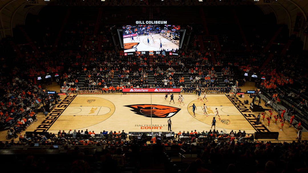 The Oregon State Beavers during an NCAA basketball game at Gill Coliseum