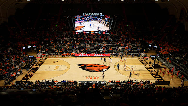 The Oregon State Beavers during an NCAA basketball game at Gill Coliseum