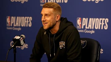 Apr 24, 2025; Memphis, Tennessee, USA; Memphis Grizzlies interim head coach Tuomas Iisalo during a press conference before game three for the first round of the 2024 NBA Playoffs against the Oklahoma City Thunder at FedExForum. Mandatory Credit: Petre Thomas-Imagn Images