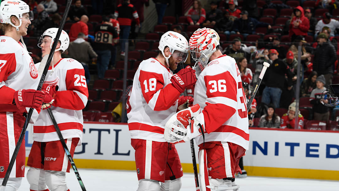 Andrew Copp (18) and John Gibson (36) celebrate after a Detroit Red Wings win.