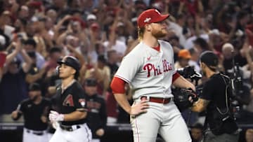 Philadelphia Phillies relief pitcher Craig Kimbrel (31) looks on as Arizona Diamondbacks center fielder Alek Thomas (5) rounds the bases after hitting a two-run home run during the eighth inning in Game 4 of the NLCS of the 2023 MLB playoffs at Chase Field in Phoenix on Oct. 20, 2023.