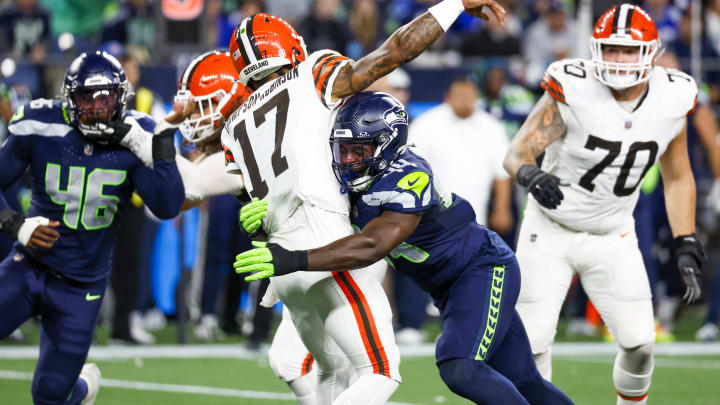 Aug 24, 2024; Seattle, Washington, USA; Seattle Seahawks linebacker Jamie Sheriff (44) pressures Cleveland Browns quarterback Dorian Thompson-Robinson (17) during the second quarter at Lumen Field. 