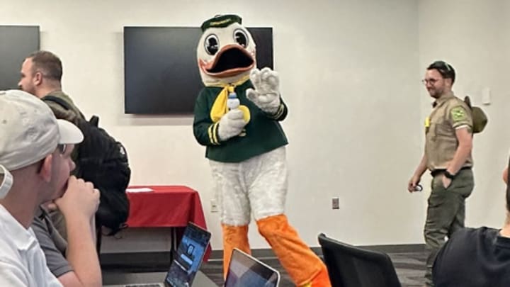 Oregon Duck Mascot Surprises At Nebraska Cornhuskers Media Day