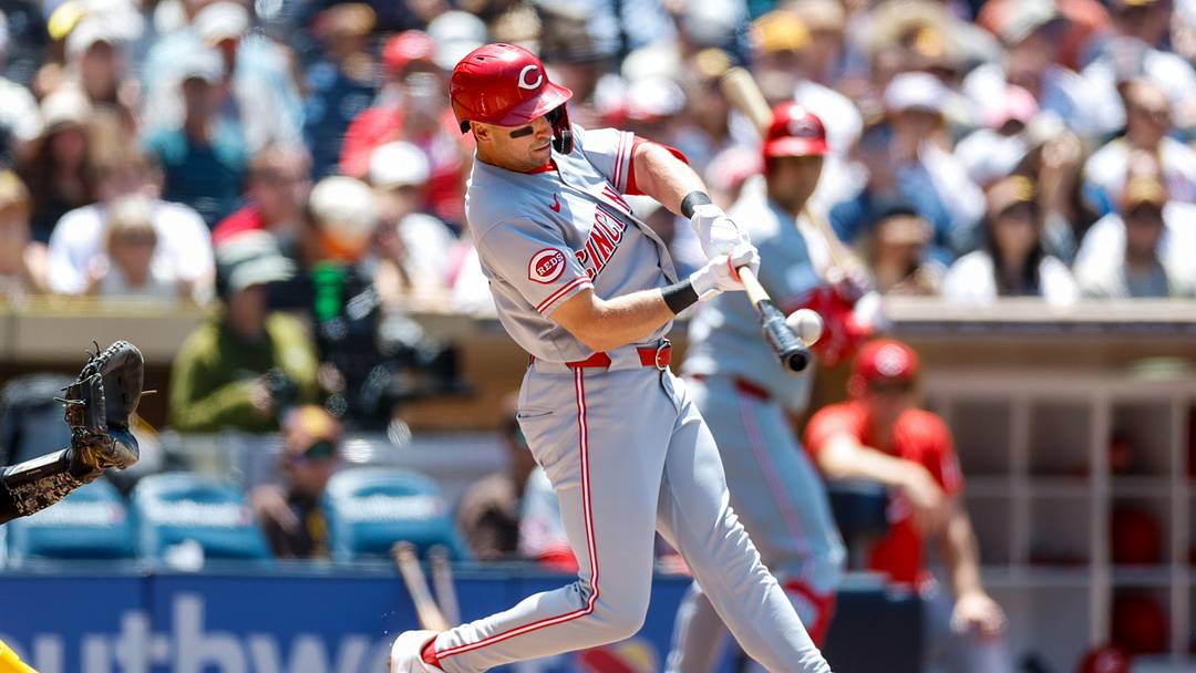 Jun 10, 2026; San Diego, California, USA; Cincinnati Reds second baseman Spencer Steer (7) hits a two-run home run during the fourth inning against the San Diego Padres at Petco Park. Mandatory Credit: David Frerker-Imagn Images
