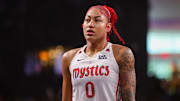 Aug 3, 2025; College Park, Georgia, USA; Washington Mystics forward Shakira Austin (0) in action against the Atlanta Dream in the first quarter at Gateway Center Arena at College Park. Mandatory Credit: Brett Davis-Imagn Images