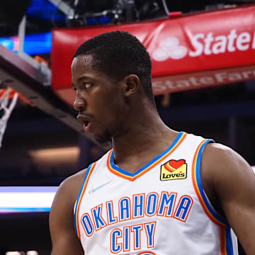 Feb 5, 2022; Sacramento, California, USA; Oklahoma City Thunder forward Mamadi Diakite (12) reacts after a basket and a foul against the Sacramento Kings during the first quarter at Golden 1 Center. Mandatory Credit: Kelley L Cox-Imagn Images