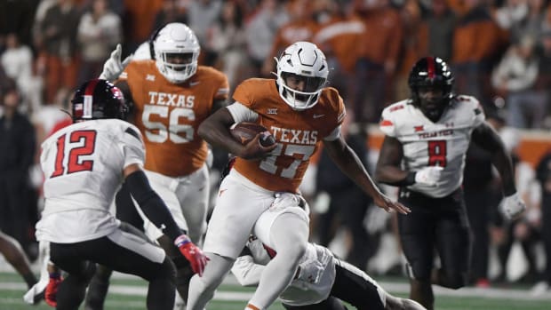 Texas' running back Savion Red (17) runs with the ball against Texas Tech in a Big 12 football game, Friday, Nov. 24, 2023, at Darrell K. Royal-Texas Memorial Stadium in Austin.