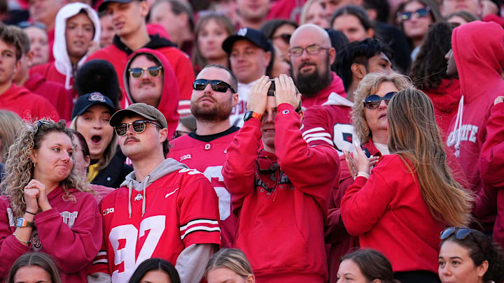 An Ohio State fan reacts to a Nebraska Cornhuskers first down during the first half of the NCAA football game at Ohio Stadium in Columbus on Saturday, Oct. 26, 2024.