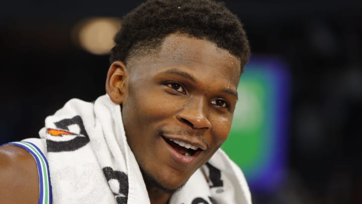 Dec 30, 2023; Minneapolis, Minnesota, USA; Minnesota Timberwolves guard Anthony Edwards (5) smiles as he gives an interview after defeating the Los Angeles Lakers at Target Center. Mandatory Credit: Bruce Kluckhohn-USA TODAY Sports