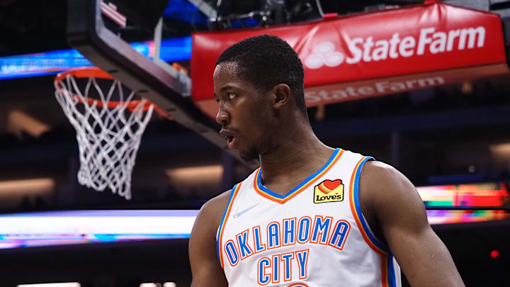 Feb 5, 2022; Sacramento, California, USA; Oklahoma City Thunder forward Mamadi Diakite (12) reacts after a basket and a foul against the Sacramento Kings during the first quarter at Golden 1 Center. Mandatory Credit: Kelley L Cox-Imagn Images