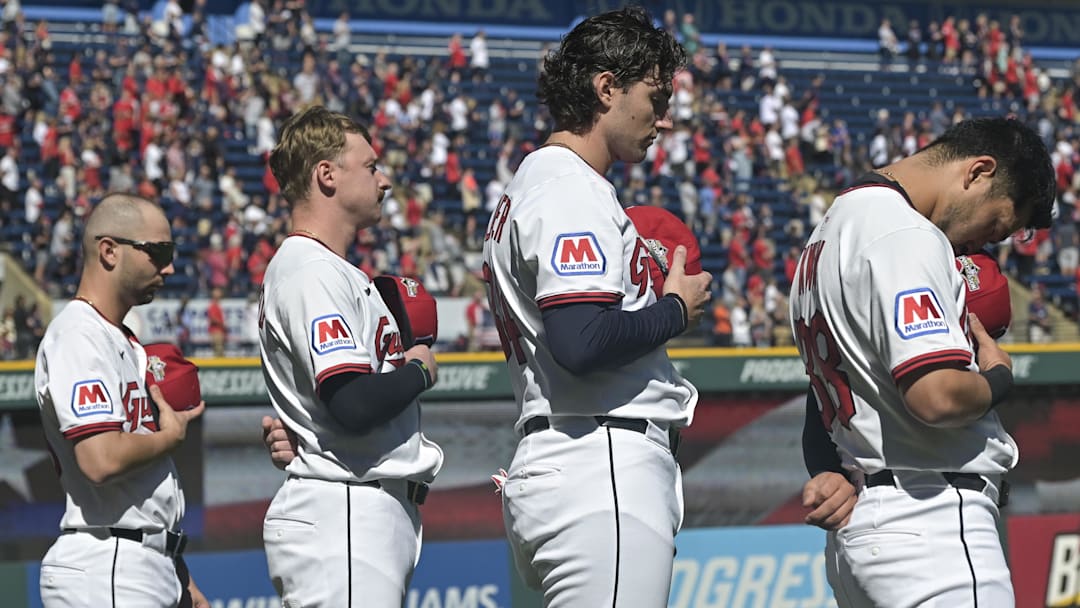 Oct 1, 2025: Cleveland Guardians first base C.J. Kayfus (63), first base Kyle Manzardo (9), center fielder Chase DeLauter (34), and outfielder Steven Kwan (38) stand for the national anthem before game two of the Wildcard round for the 2025 MLB playoffs against the Detroit Tigers at Progressive Field. 