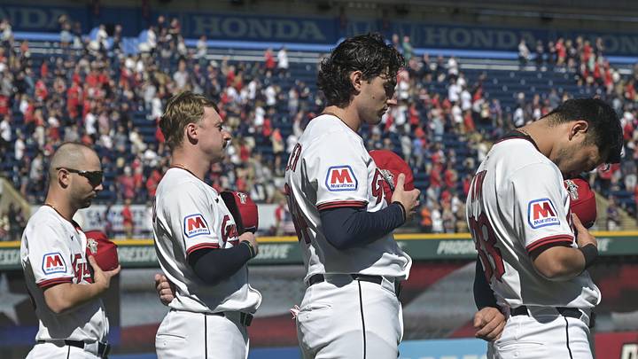 Oct 1, 2025: Cleveland Guardians first base C.J. Kayfus (63), first base Kyle Manzardo (9), center fielder Chase DeLauter (34), and outfielder Steven Kwan (38) stand for the national anthem before game two of the Wildcard round for the 2025 MLB playoffs against the Detroit Tigers at Progressive Field. 