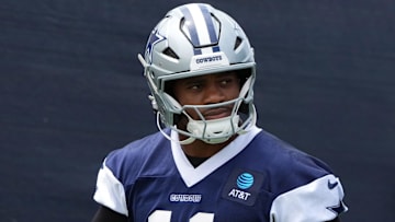 Jul 22, 2025; Oxnard, CA, USA; Dallas Cowboys defensive end Micah Parsons (11) during training camp at the River Ridge Fields. Mandatory Credit: Kirby Lee-Imagn Images