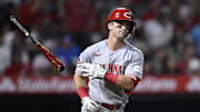Aug 23, 2023; Anaheim, California, USA; Cincinnati Reds second baseman Matt McLain (9) tosses his bat after hitting a two-run home run against the Los Angeles Angels during the eighth inning at Angel Stadium. Mandatory Credit: Orlando Ramirez-Imagn Images
