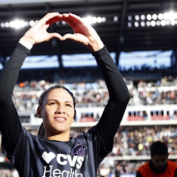 Washington Spirit forward Trinity Rodman (2) celebrates after defeating NJ/NY Gotham FC in a 2024 NWSL Playoffs semifinal match at Audi Field.